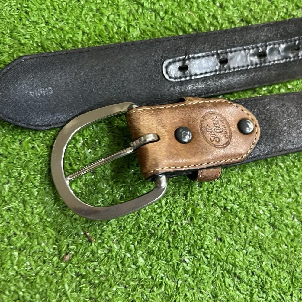 Vintage Silver Creek Leather Belt Size 42 Western Black Brown‎ Silver Buckle